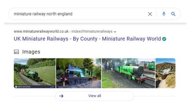 Photo of web search for miniature railways